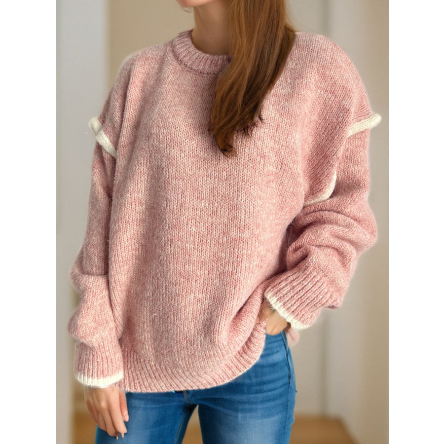 Contrast Trim Round Neck Dropped Shoulder Sweater Apparel and Accessories