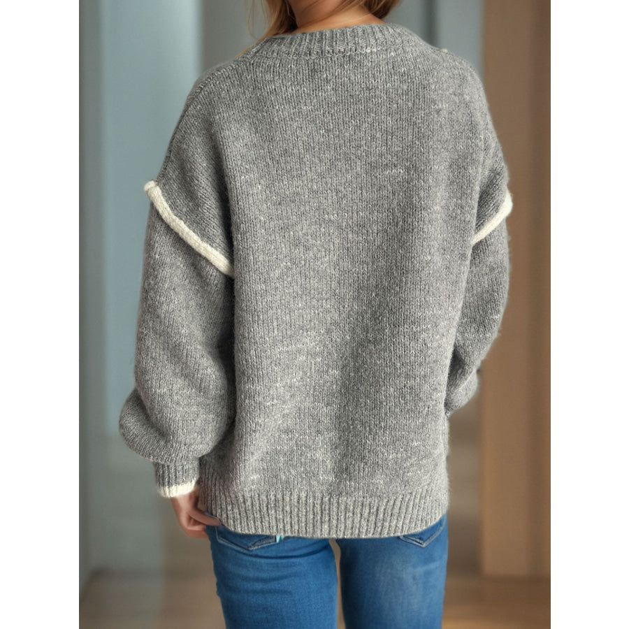 Contrast Trim Round Neck Dropped Shoulder Sweater Apparel and Accessories