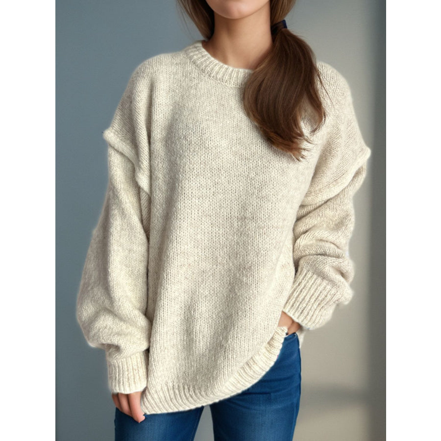 Contrast Trim Round Neck Dropped Shoulder Sweater Apparel and Accessories