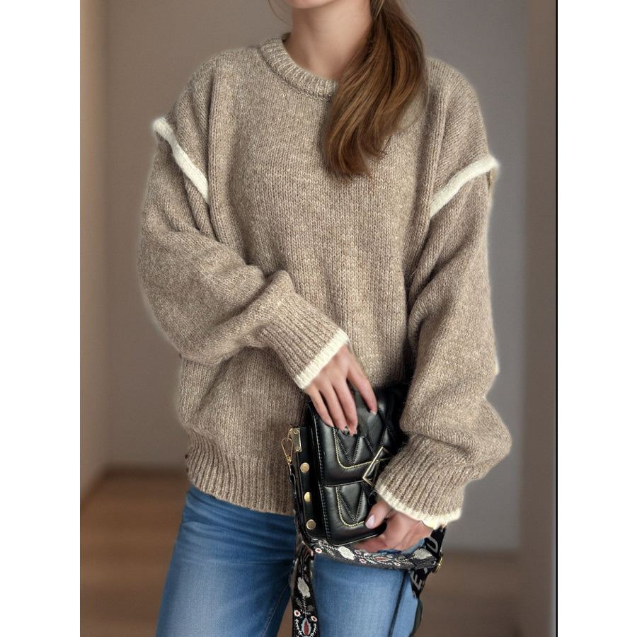 Contrast Trim Round Neck Dropped Shoulder Sweater Apparel and Accessories