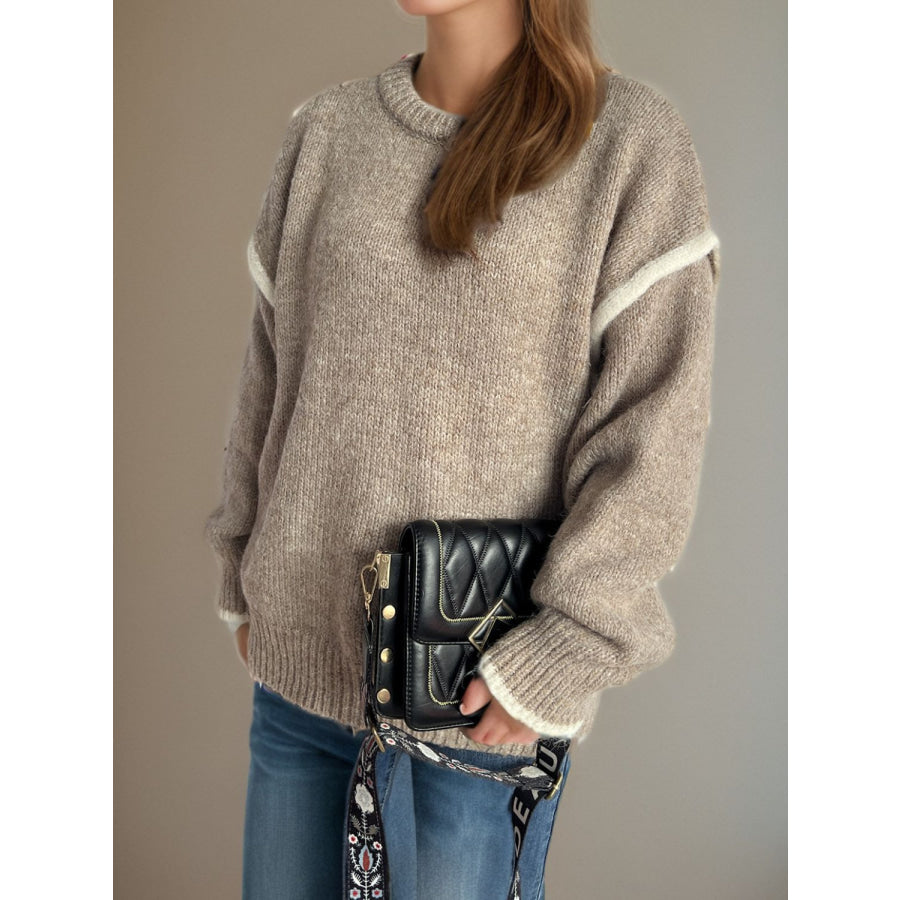 Contrast Trim Round Neck Dropped Shoulder Sweater Apparel and Accessories