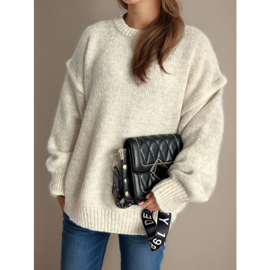 Contrast Trim Round Neck Dropped Shoulder Sweater Apparel and Accessories