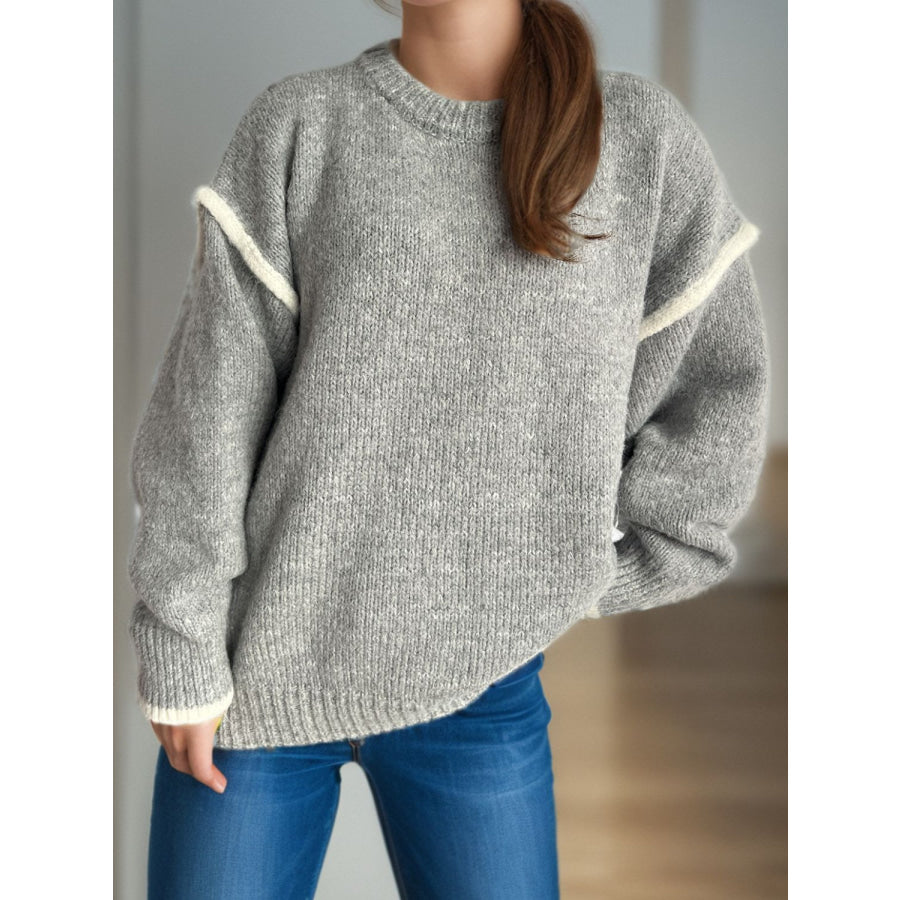 Contrast Trim Round Neck Dropped Shoulder Sweater Apparel and Accessories