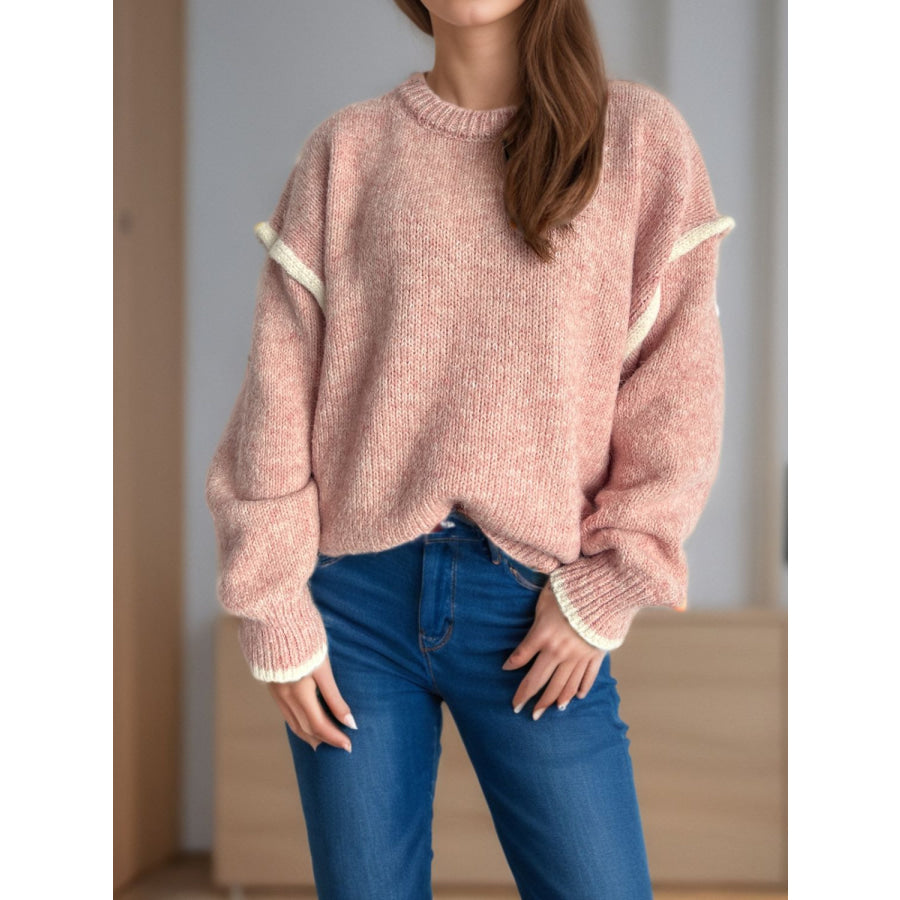 Contrast Trim Round Neck Dropped Shoulder Sweater Apparel and Accessories