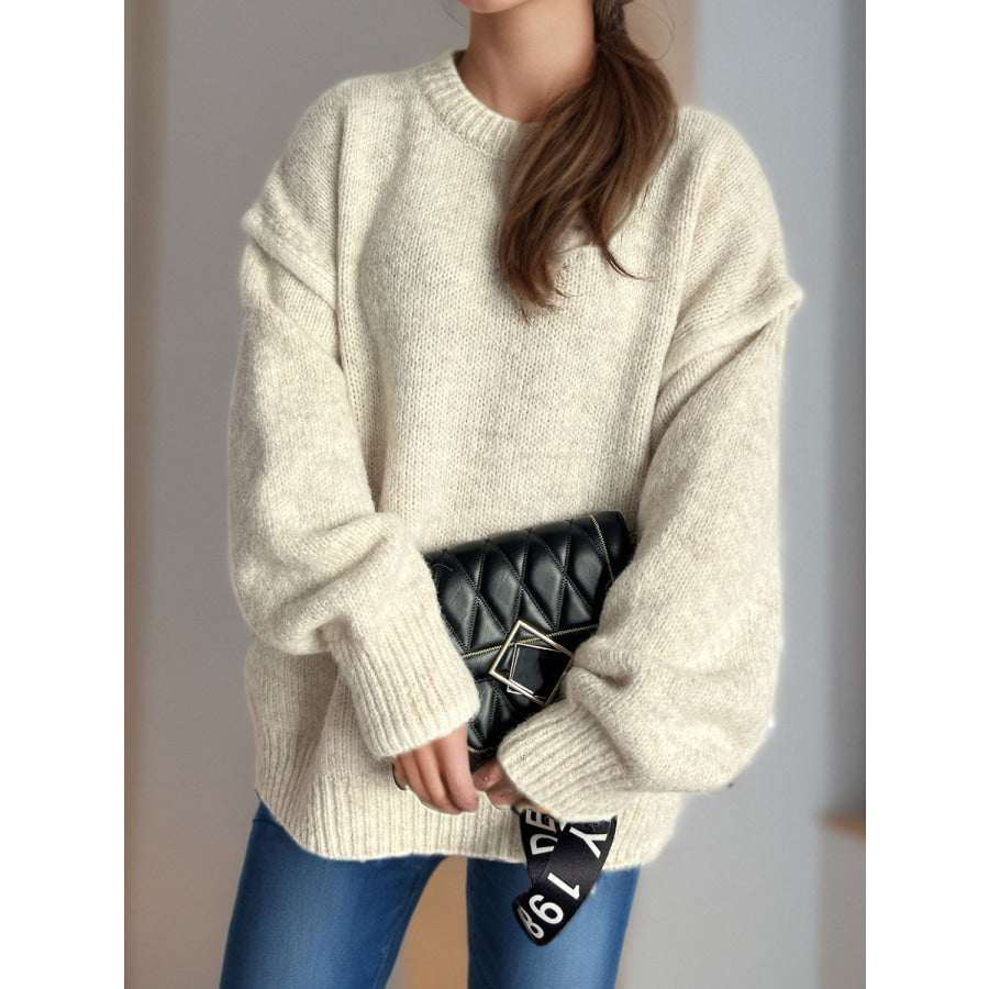 Contrast Trim Round Neck Dropped Shoulder Sweater Beige / One Size Apparel and Accessories