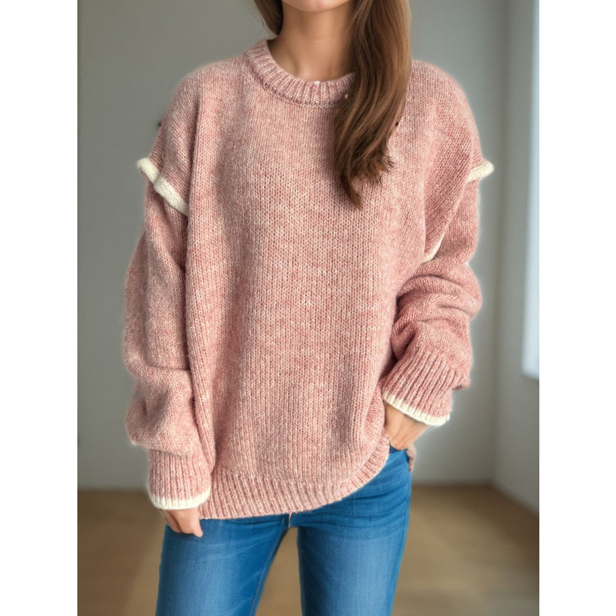 Contrast Trim Round Neck Dropped Shoulder Sweater Dusty Pink / One Size Apparel and Accessories