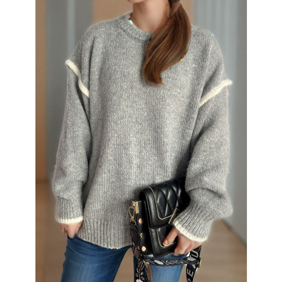 Contrast Trim Round Neck Dropped Shoulder Sweater Gray / One Size Apparel and Accessories