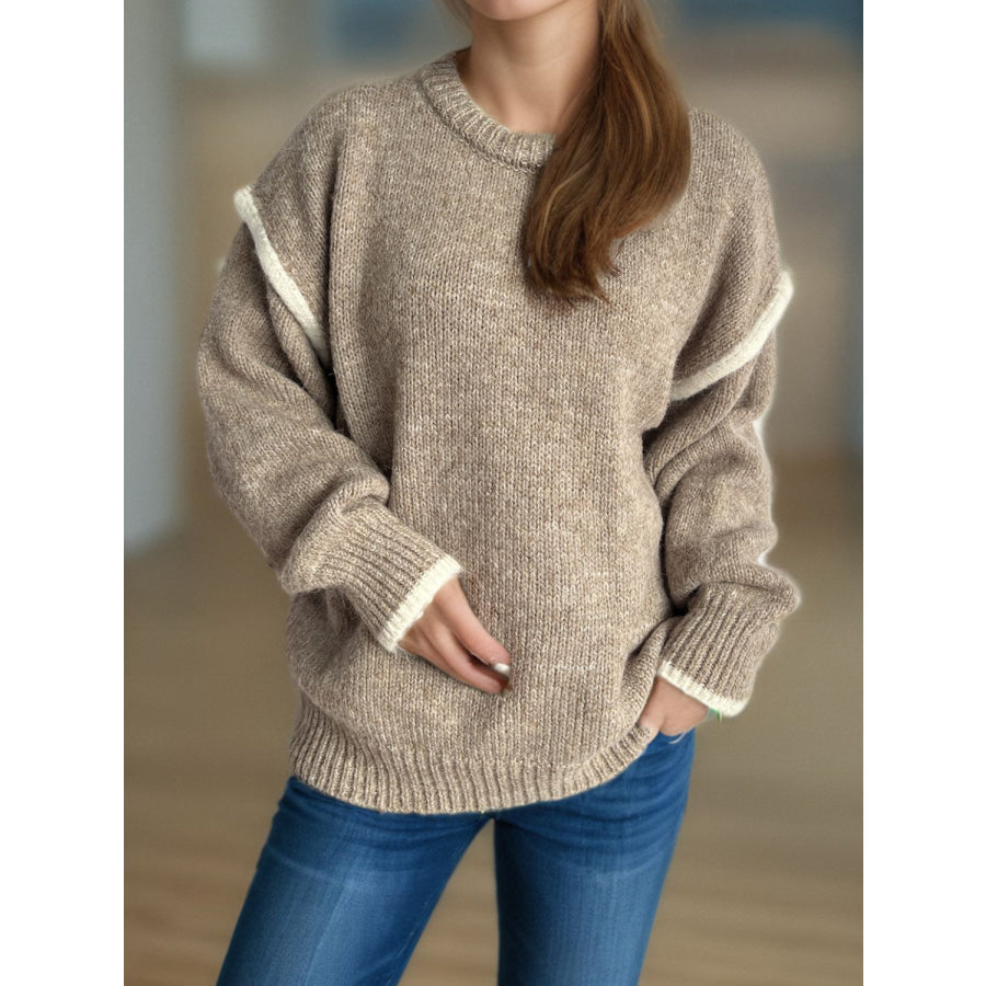 Contrast Trim Round Neck Dropped Shoulder Sweater Taupe / One Size Apparel and Accessories