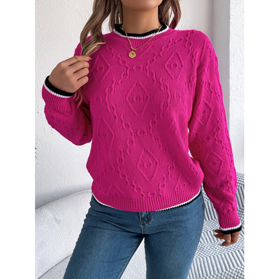 Contrast Trim Round Neck Long Sleeve Sweater Apparel and Accessories