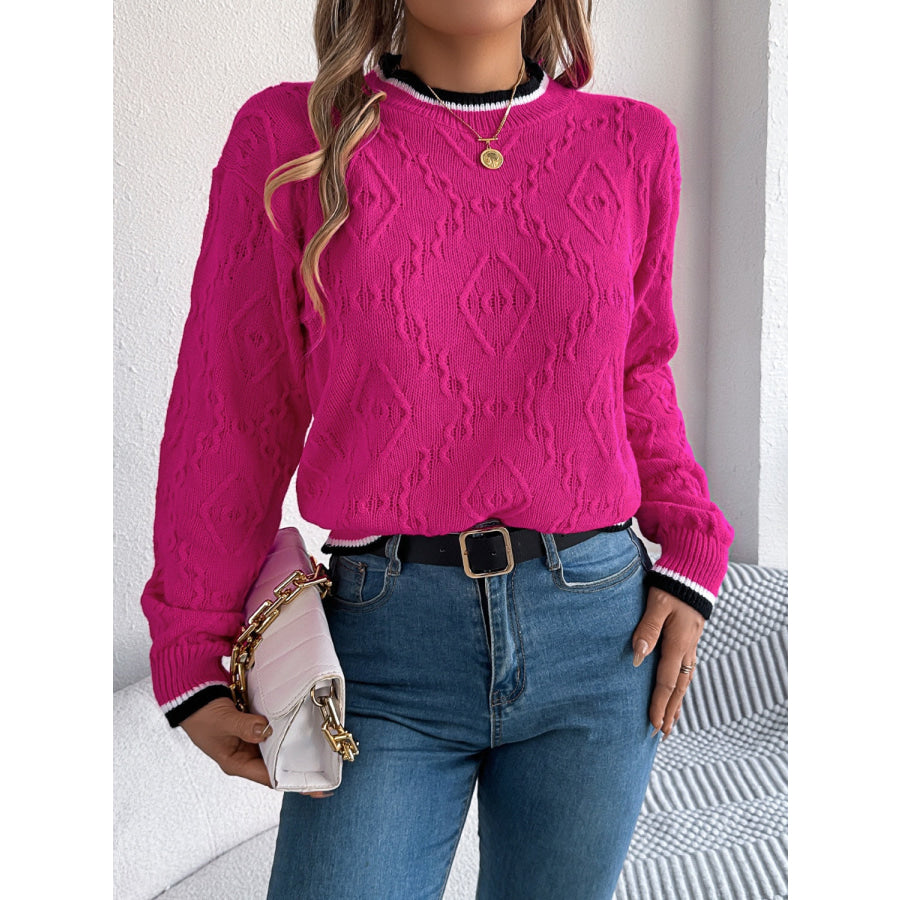 Contrast Trim Round Neck Long Sleeve Sweater Apparel and Accessories