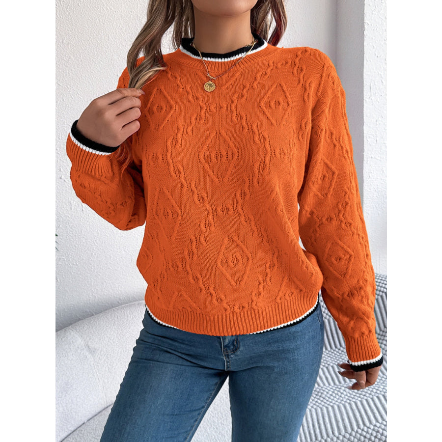 Contrast Trim Round Neck Long Sleeve Sweater Apparel and Accessories