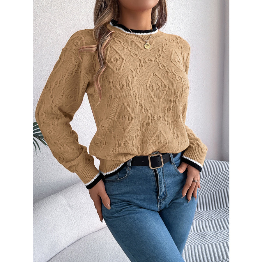 Contrast Trim Round Neck Long Sleeve Sweater Apparel and Accessories