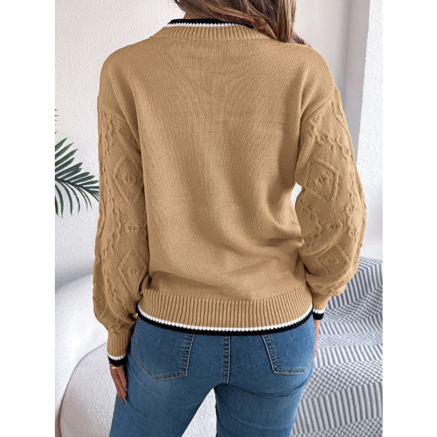 Contrast Trim Round Neck Long Sleeve Sweater Apparel and Accessories