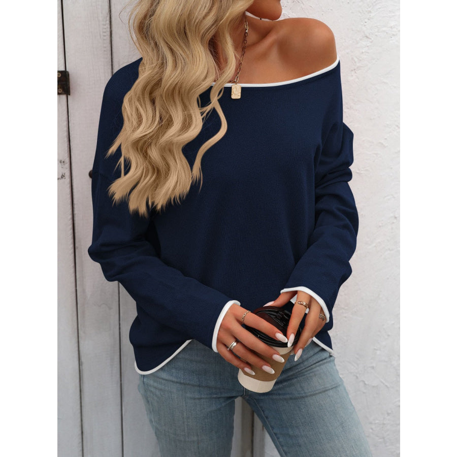 Contrast Trim Round Neck Long Sleeve Sweater Apparel and Accessories