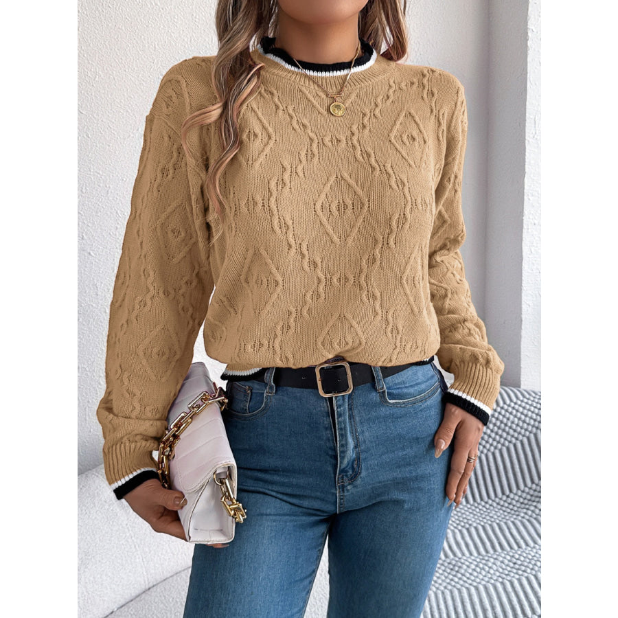 Contrast Trim Round Neck Long Sleeve Sweater Apparel and Accessories