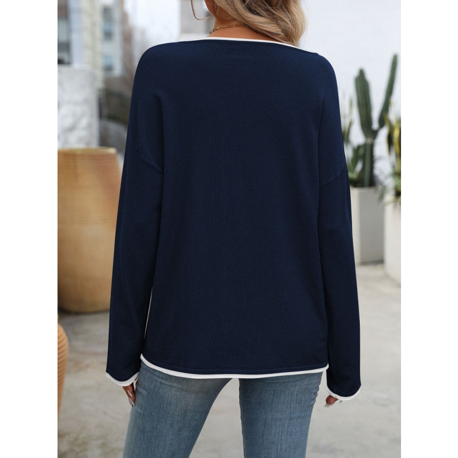 Contrast Trim Round Neck Long Sleeve Sweater Apparel and Accessories