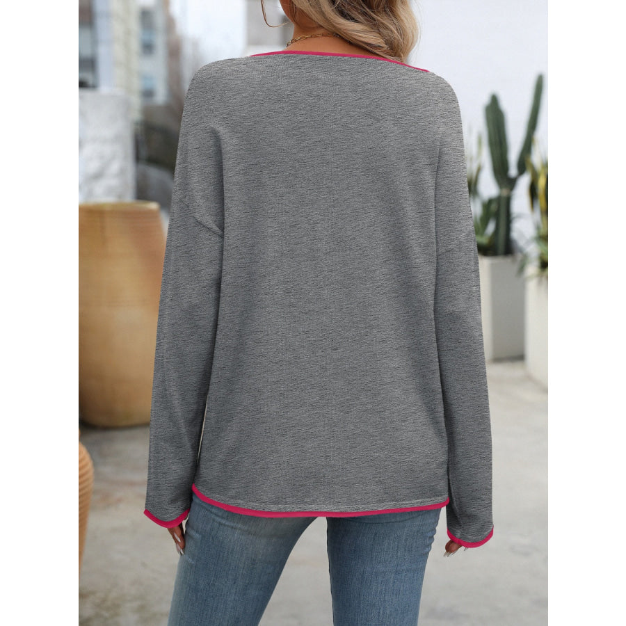 Contrast Trim Round Neck Long Sleeve Sweater Apparel and Accessories