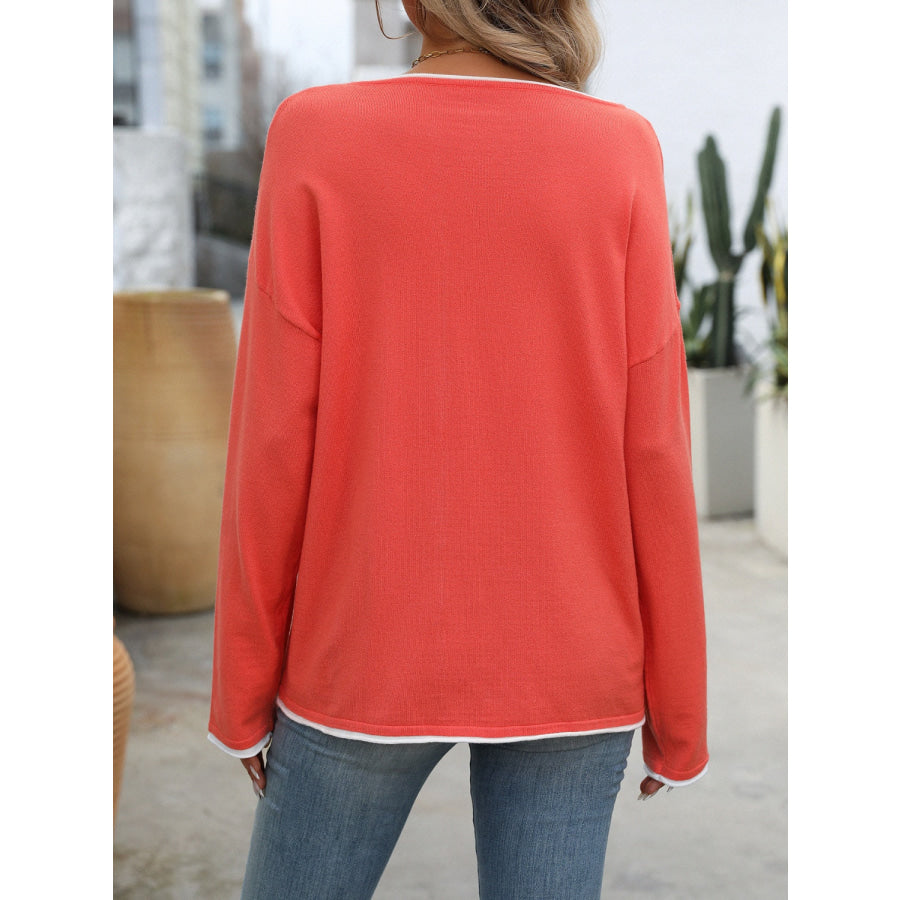 Contrast Trim Round Neck Long Sleeve Sweater Apparel and Accessories