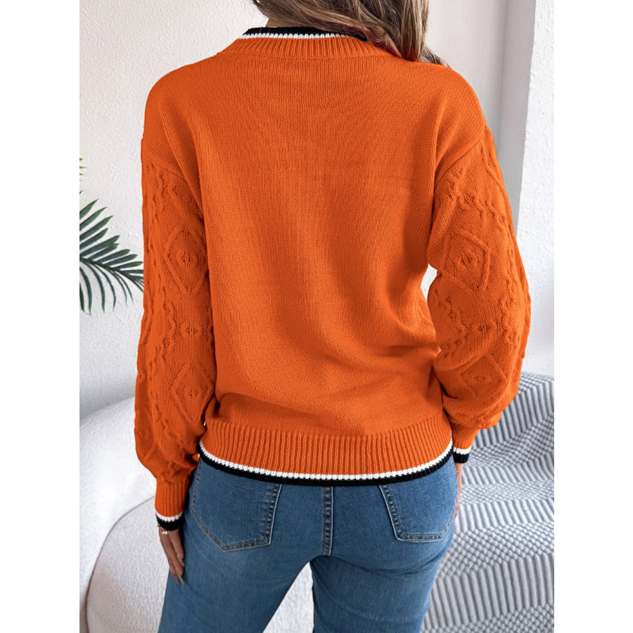 Contrast Trim Round Neck Long Sleeve Sweater Apparel and Accessories