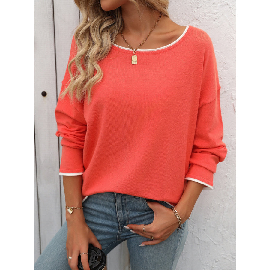 Contrast Trim Round Neck Long Sleeve Sweater Apparel and Accessories