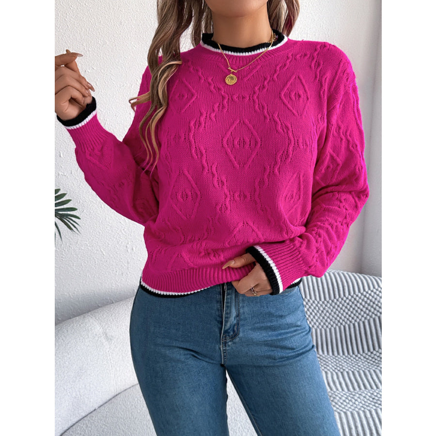 Contrast Trim Round Neck Long Sleeve Sweater Apparel and Accessories