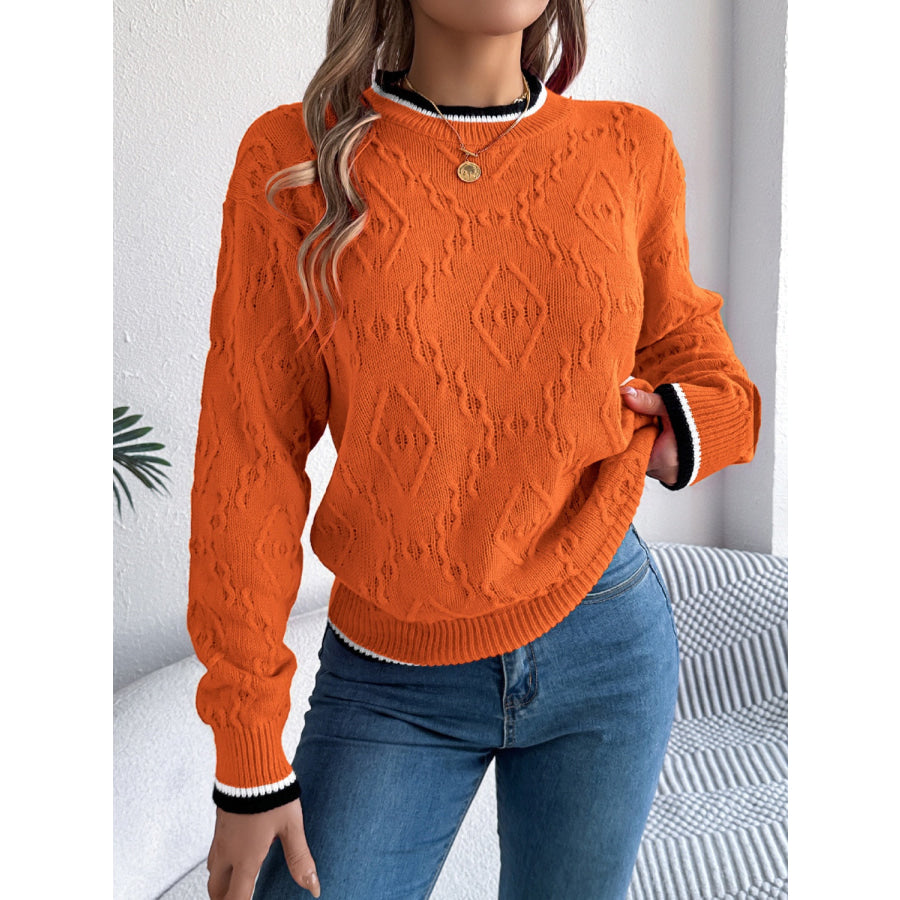 Contrast Trim Round Neck Long Sleeve Sweater Apparel and Accessories