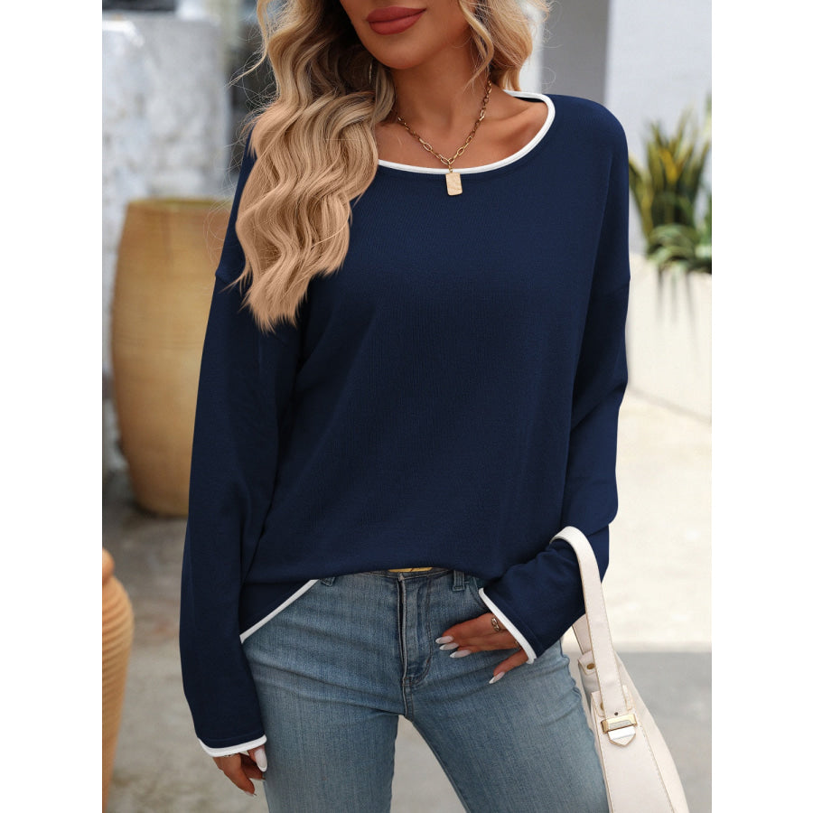 Contrast Trim Round Neck Long Sleeve Sweater Dark Navy / S Apparel and Accessories