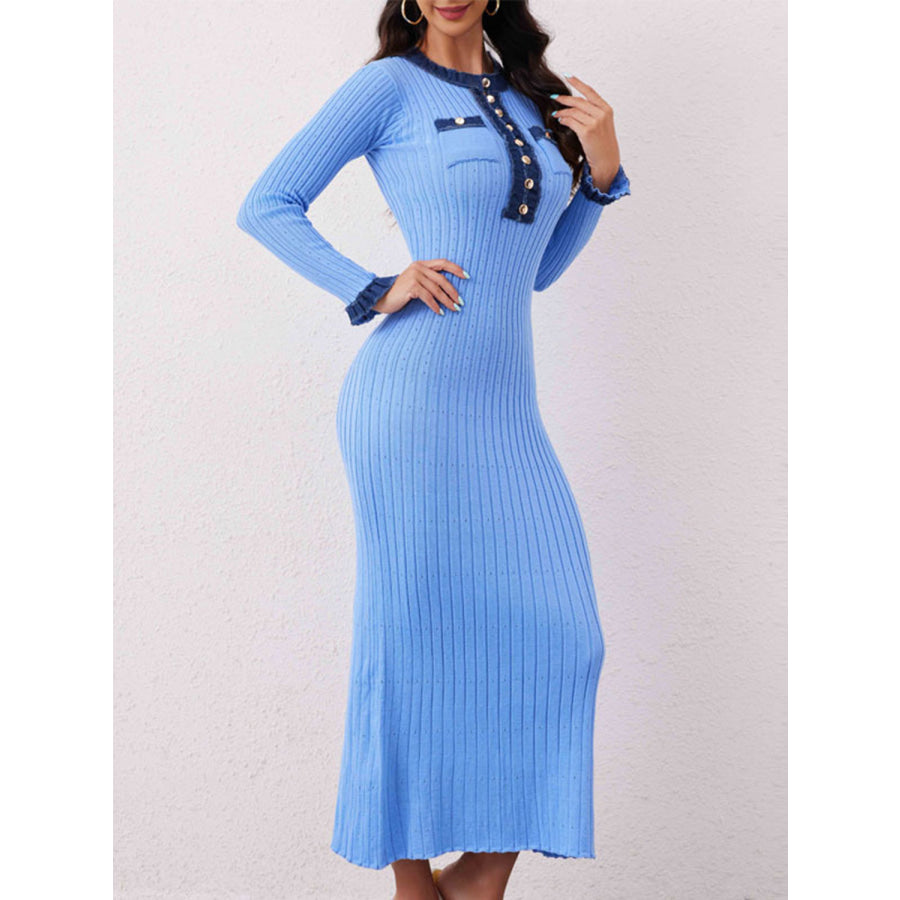 Contrast Trim Round Neck Long Sleeve Sweater Dress Apparel and Accessories