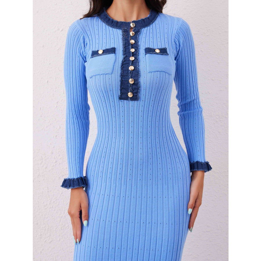 Contrast Trim Round Neck Long Sleeve Sweater Dress Apparel and Accessories