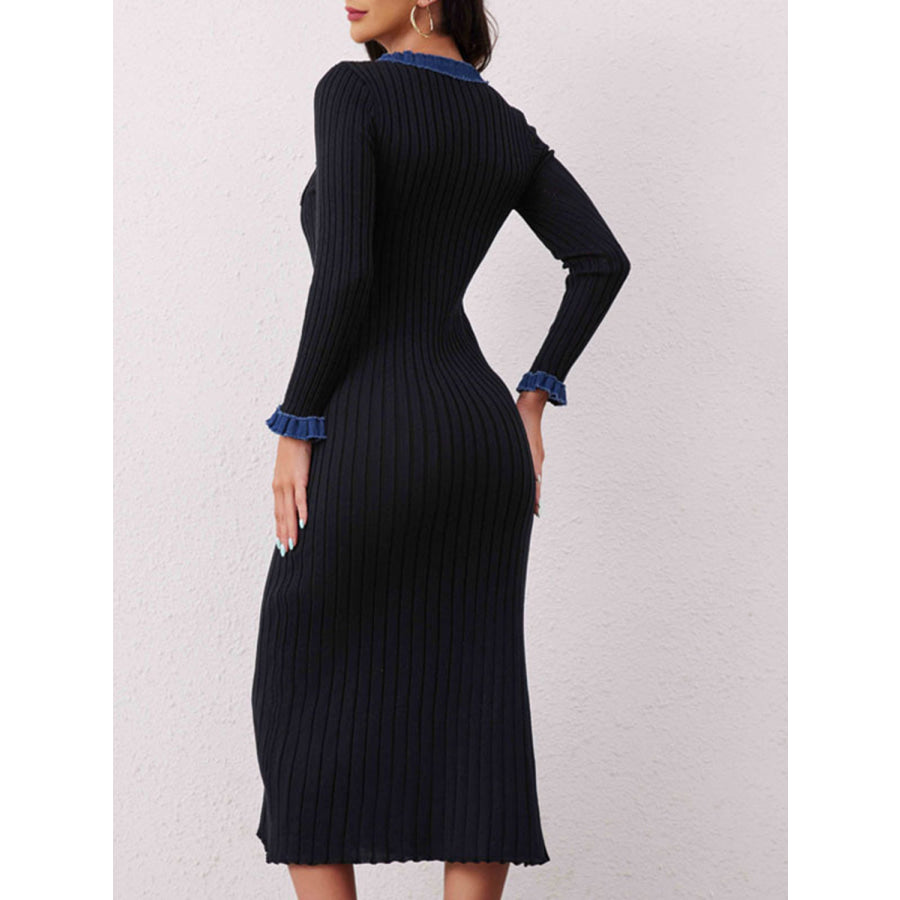 Contrast Trim Round Neck Long Sleeve Sweater Dress Apparel and Accessories