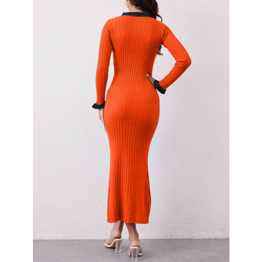 Contrast Trim Round Neck Long Sleeve Sweater Dress Apparel and Accessories