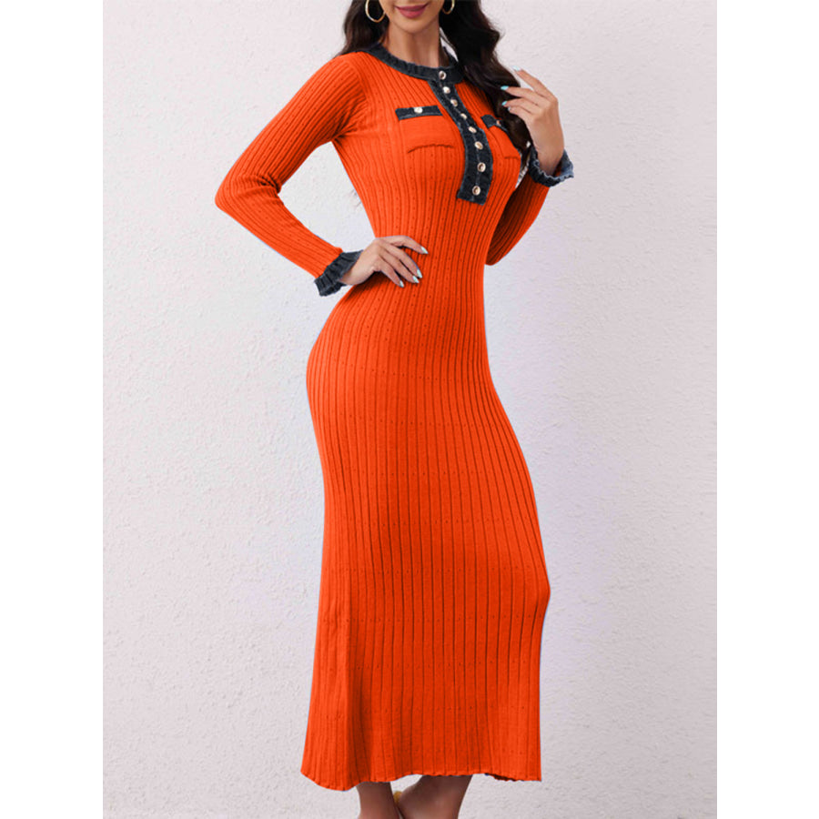 Contrast Trim Round Neck Long Sleeve Sweater Dress Apparel and Accessories