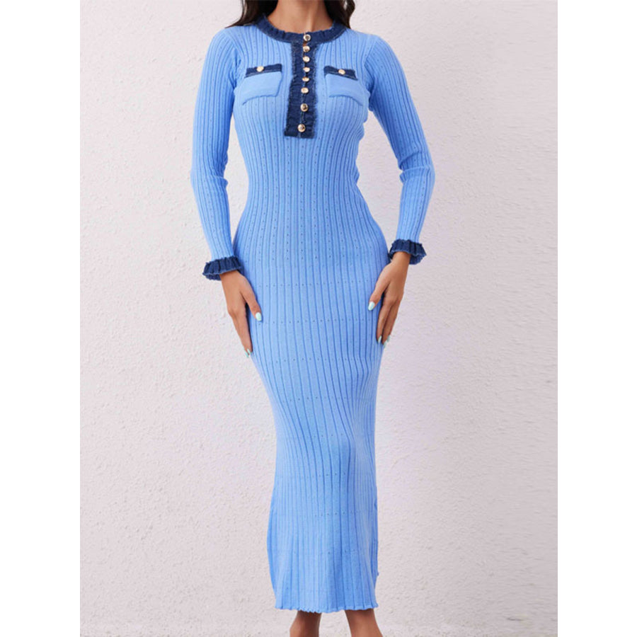 Contrast Trim Round Neck Long Sleeve Sweater Dress Blue / One Size Apparel and Accessories