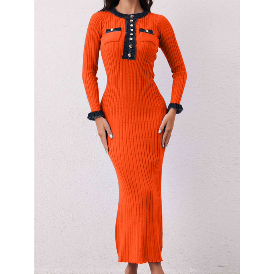 Contrast Trim Round Neck Long Sleeve Sweater Dress Orange-Red / One Size Apparel and Accessories