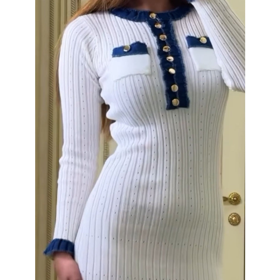 Contrast Trim Round Neck Long Sleeve Sweater Dress White / One Size Apparel and Accessories