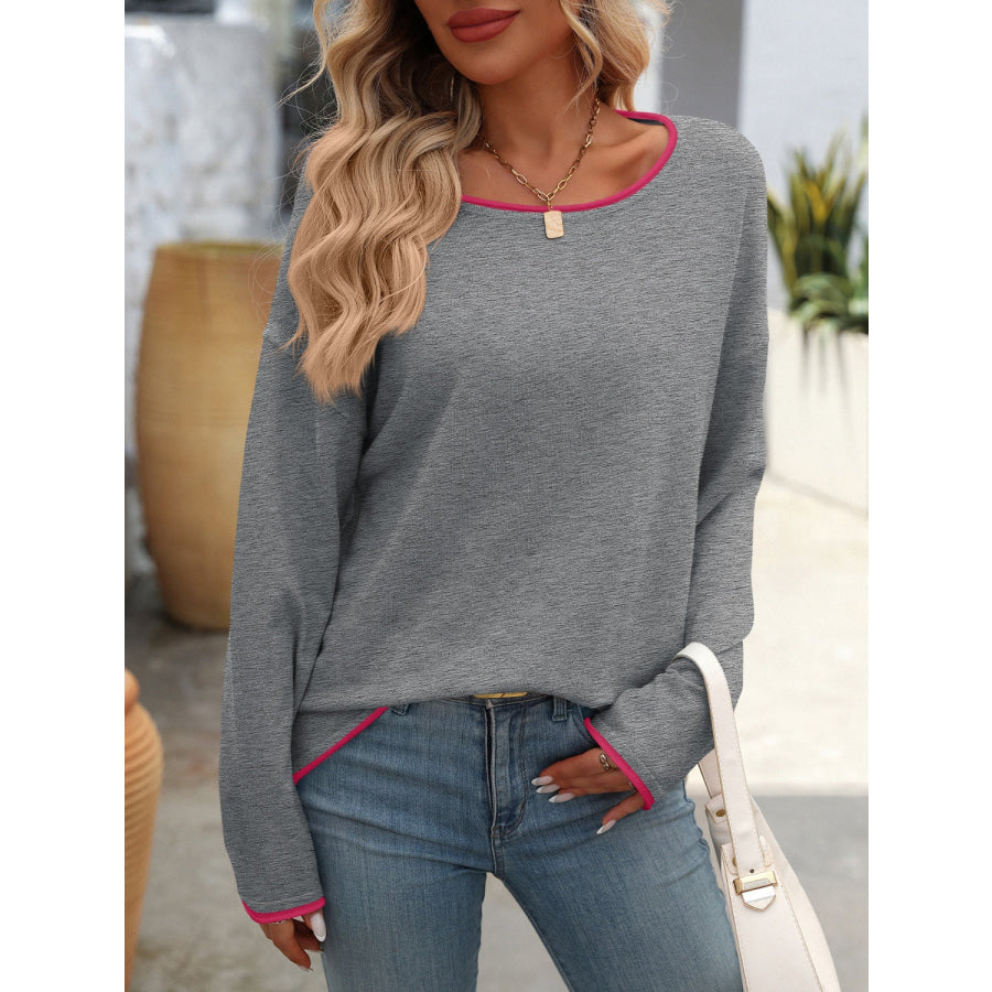 Contrast Trim Round Neck Long Sleeve Sweater Gray / S Apparel and Accessories