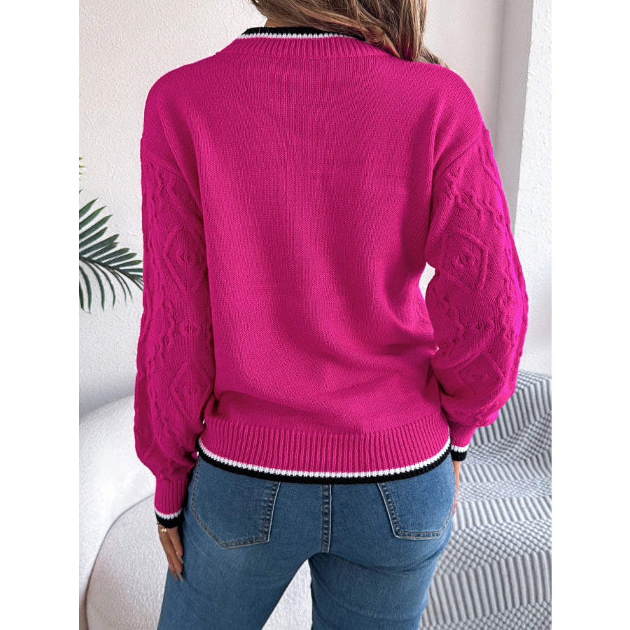 Contrast Trim Round Neck Long Sleeve Sweater Hot Pink / S Apparel and Accessories