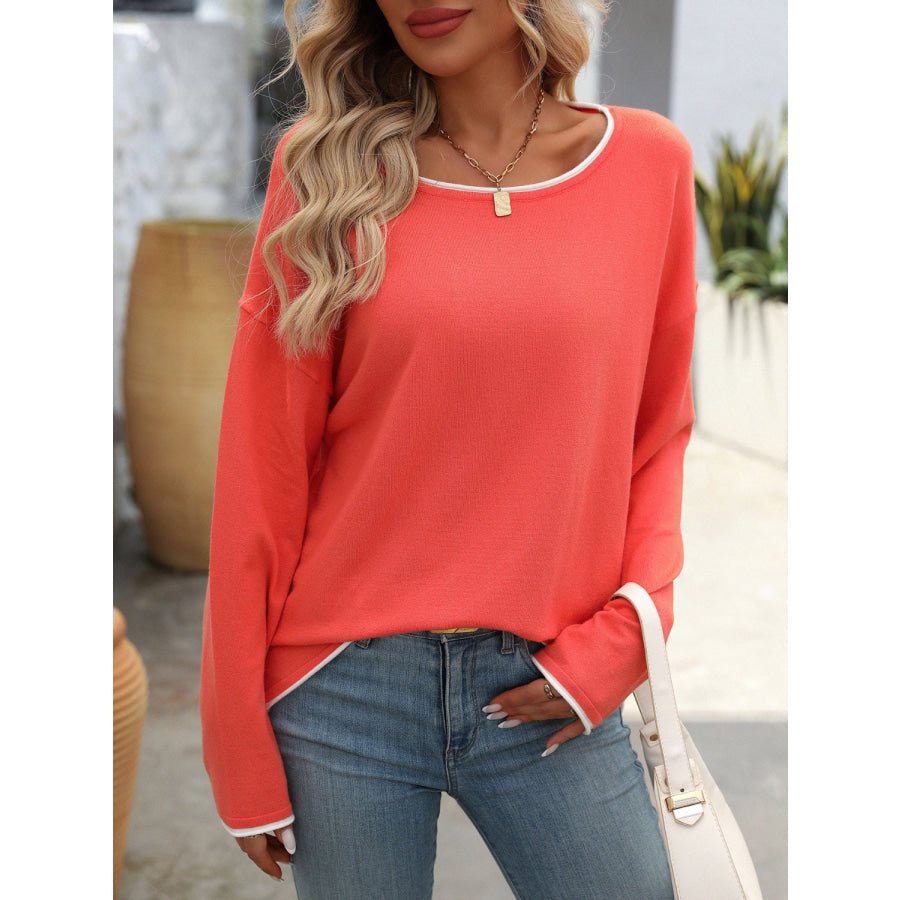 Contrast Trim Round Neck Long Sleeve Sweater Orange-Red / S Apparel and Accessories