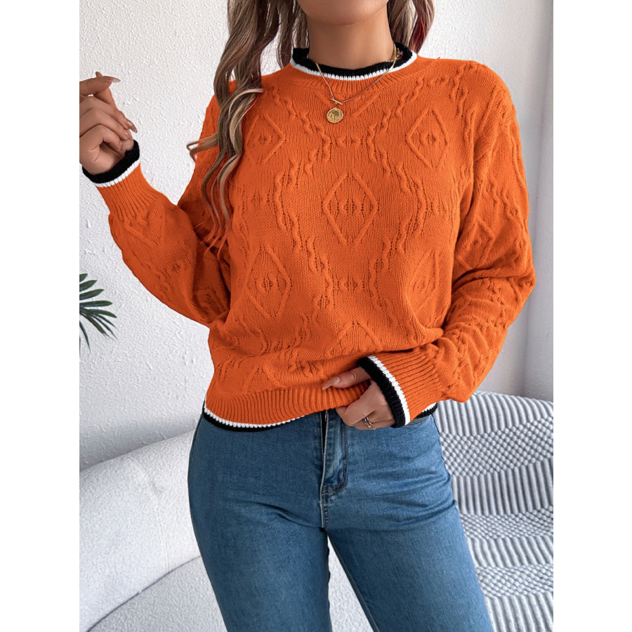 Contrast Trim Round Neck Long Sleeve Sweater Orange / S Apparel and Accessories