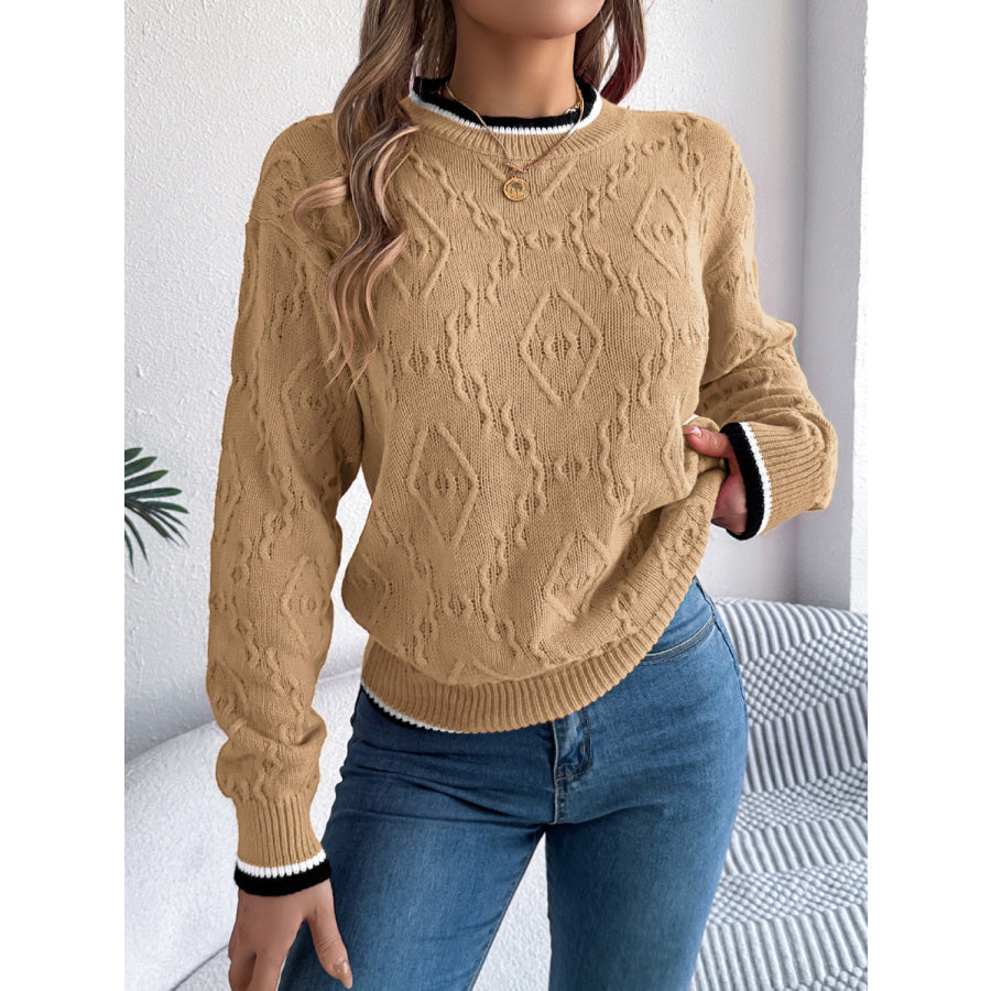 Contrast Trim Round Neck Long Sleeve Sweater Tan / S Apparel and Accessories