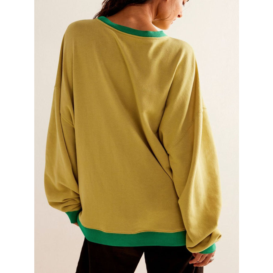 Contrast Trim Round Neck Long Sleeve Sweatshirt Apparel and Accessories