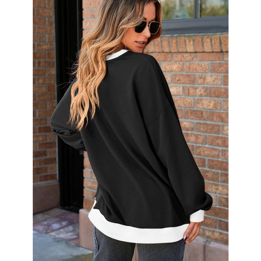 Contrast Trim Round Neck Long Sleeve Sweatshirt Apparel and Accessories