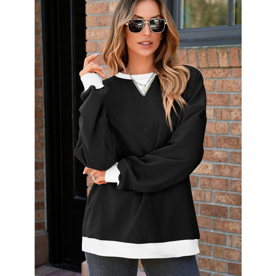 Contrast Trim Round Neck Long Sleeve Sweatshirt Apparel and Accessories