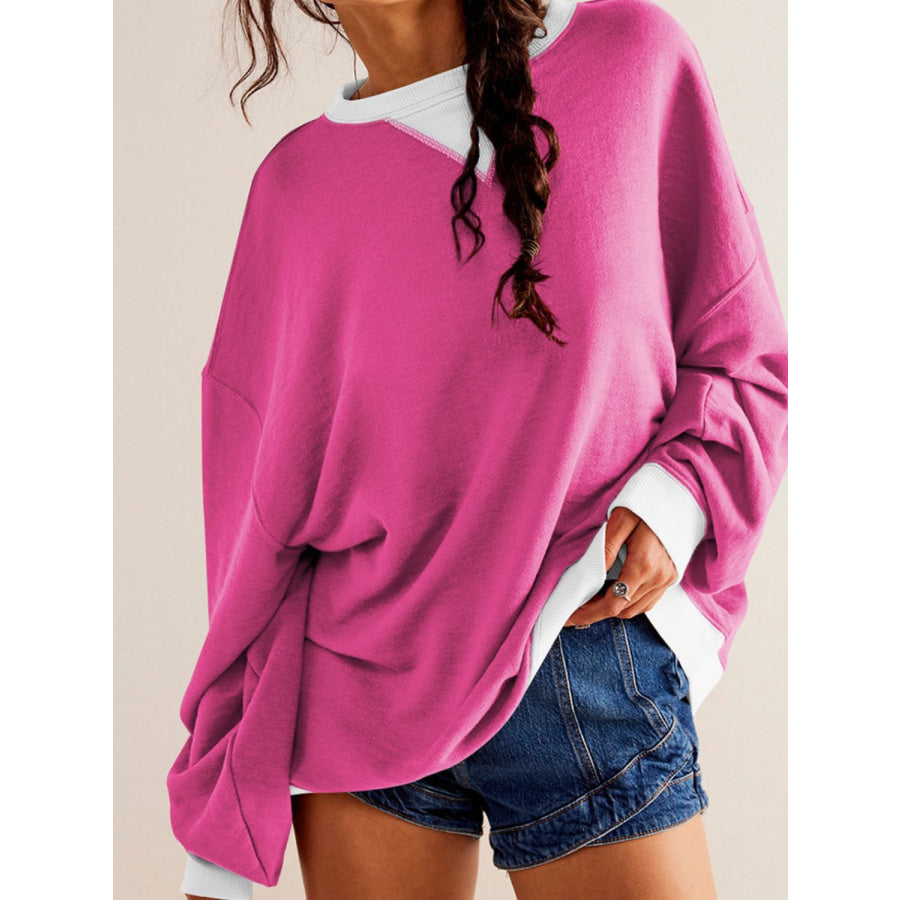 Contrast Trim Round Neck Long Sleeve Sweatshirt Apparel and Accessories