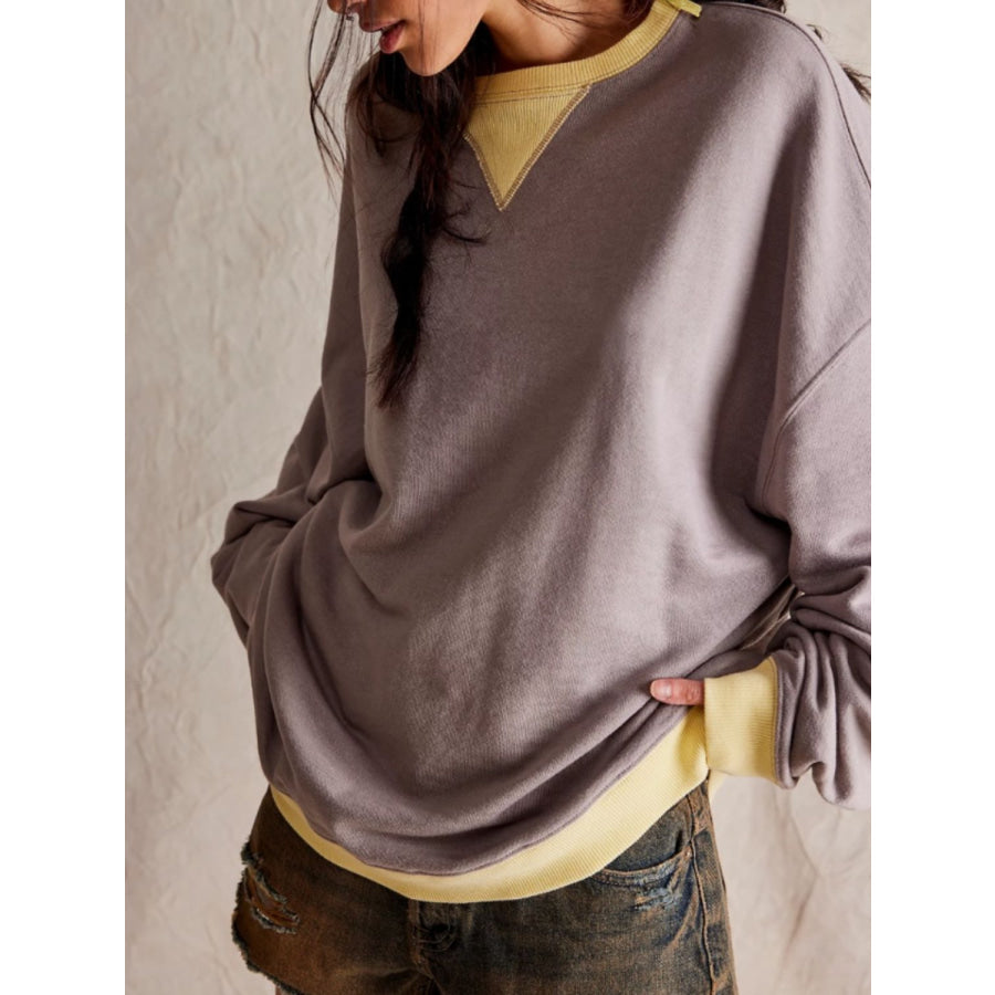 Contrast Trim Round Neck Long Sleeve Sweatshirt Apparel and Accessories