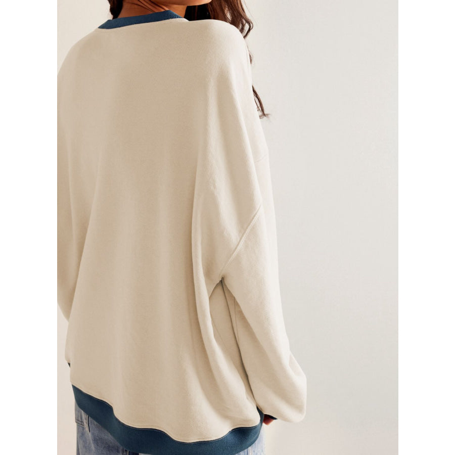 Contrast Trim Round Neck Long Sleeve Sweatshirt Apparel and Accessories