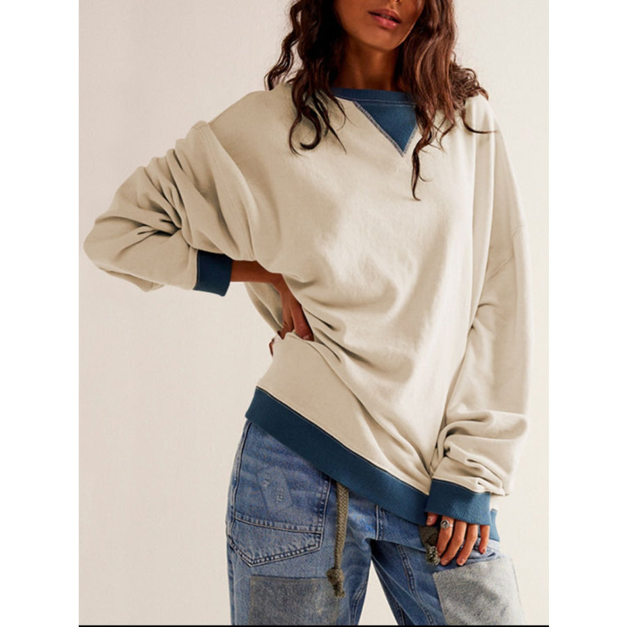 Contrast Trim Round Neck Long Sleeve Sweatshirt Beige / S Apparel and Accessories