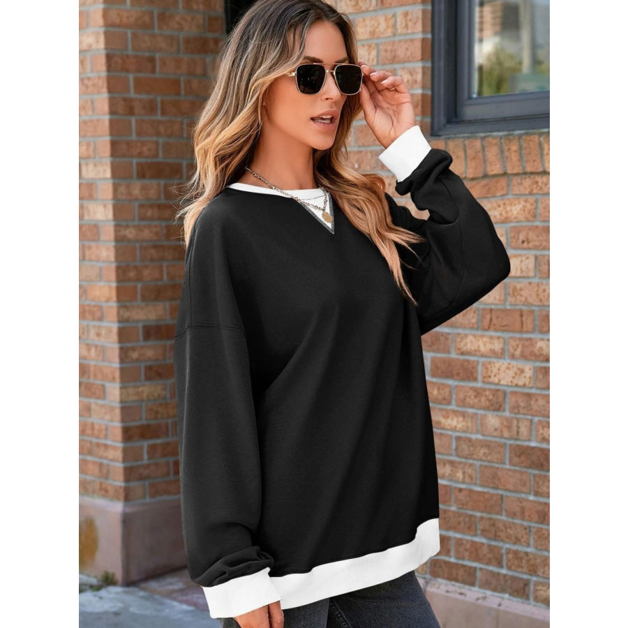 Contrast Trim Round Neck Long Sleeve Sweatshirt Black / S Apparel and Accessories