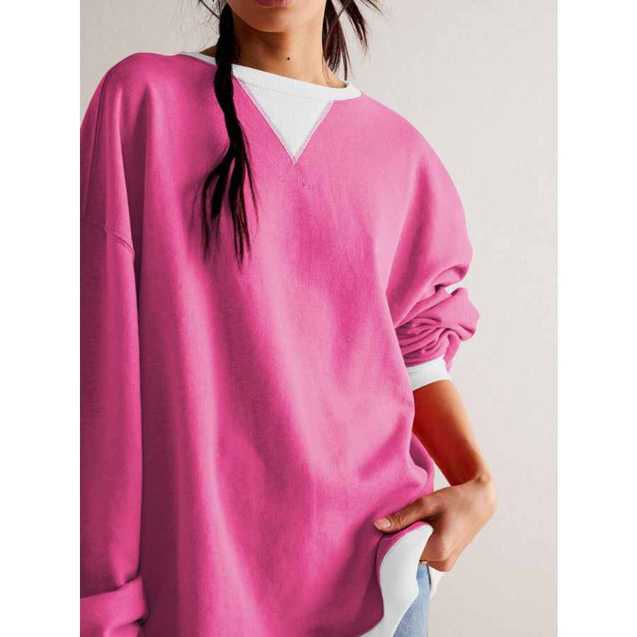 Contrast Trim Round Neck Long Sleeve Sweatshirt Deep Rose / S Apparel and Accessories