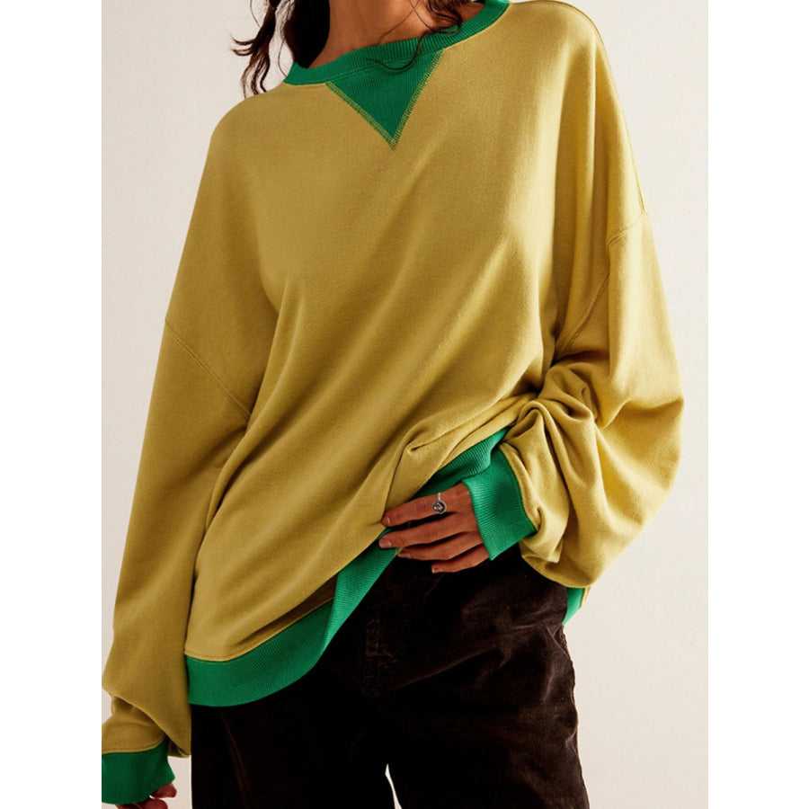 Contrast Trim Round Neck Long Sleeve Sweatshirt Gold / S Apparel and Accessories